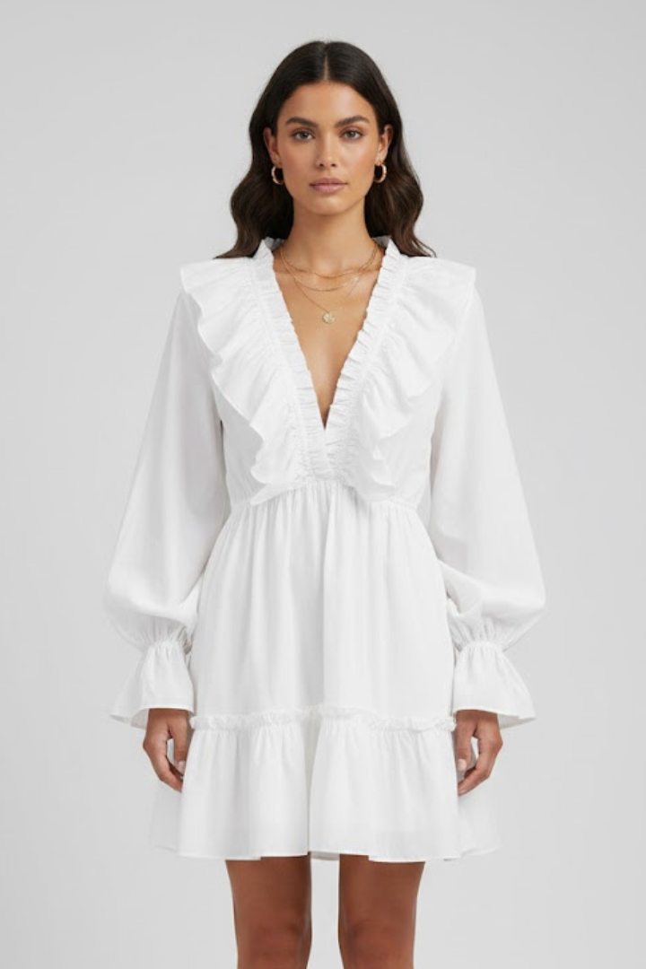 Vestido mini de mulher com decote em V e acabamento com folhos