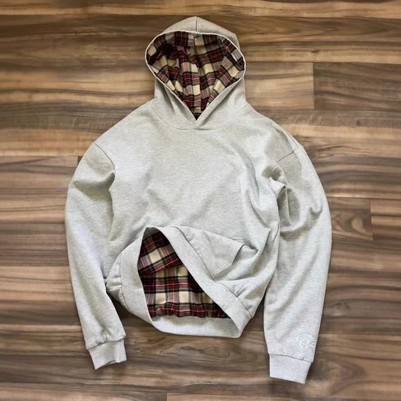 Bluza z kapturem i kieszenią kangurką, z podszewką w kratę