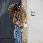Giacca donna con finiture in pelliccia, marrone