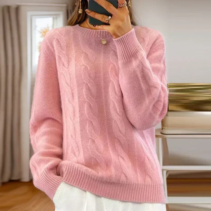Damski sweter dzianinowy w warkoczowy wzór z okrągłym dekoltem