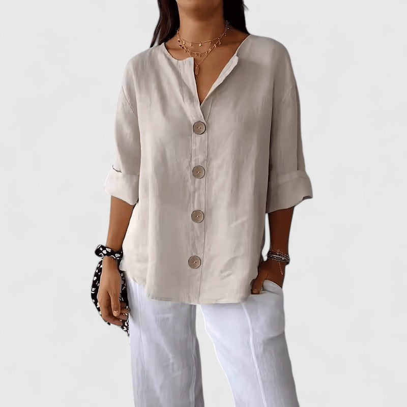 Blusa de mulher com botões, decote em V e manga 3/4