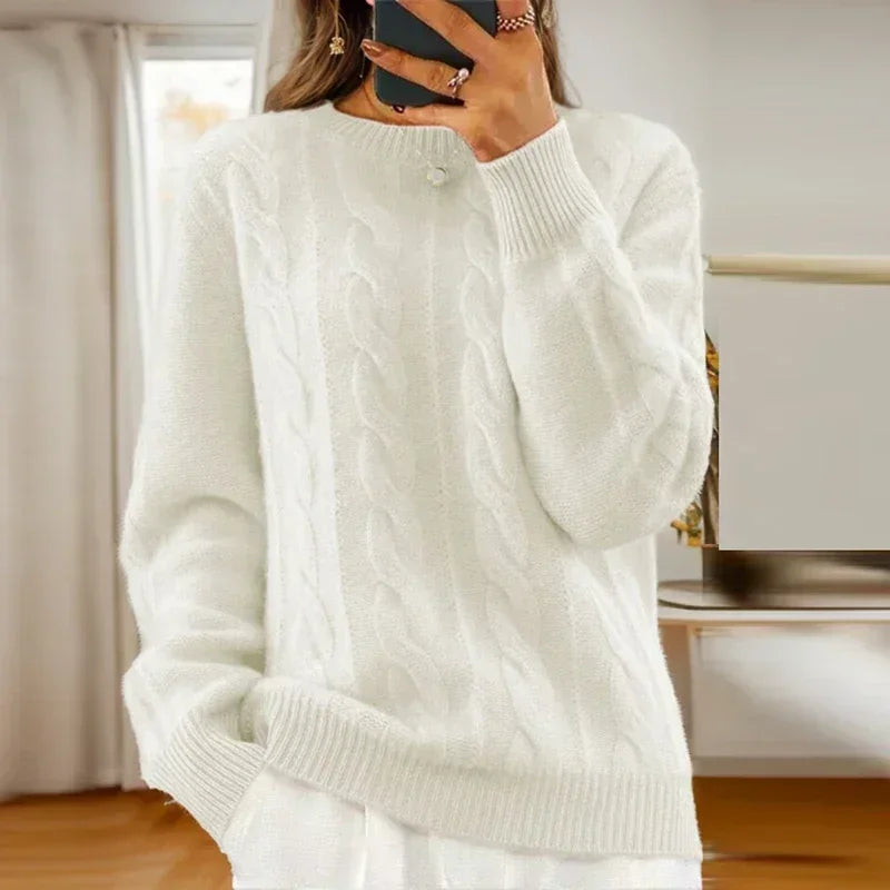 Damski sweter dzianinowy w warkoczowy wzór z okrągłym dekoltem