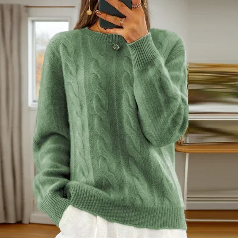 Damski sweter dzianinowy w warkoczowy wzór z okrągłym dekoltem