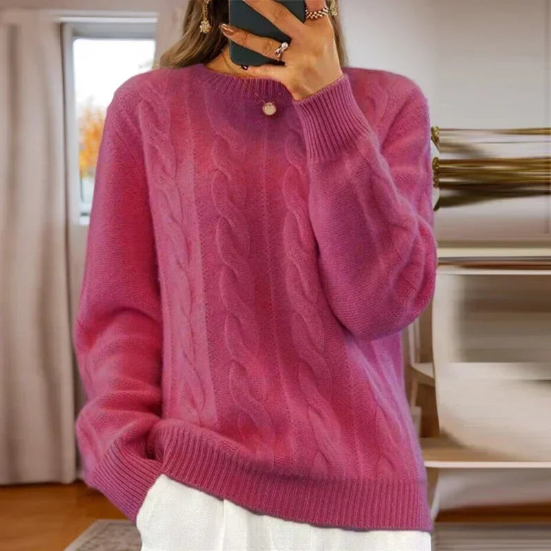 Damski sweter dzianinowy w warkoczowy wzór z okrągłym dekoltem