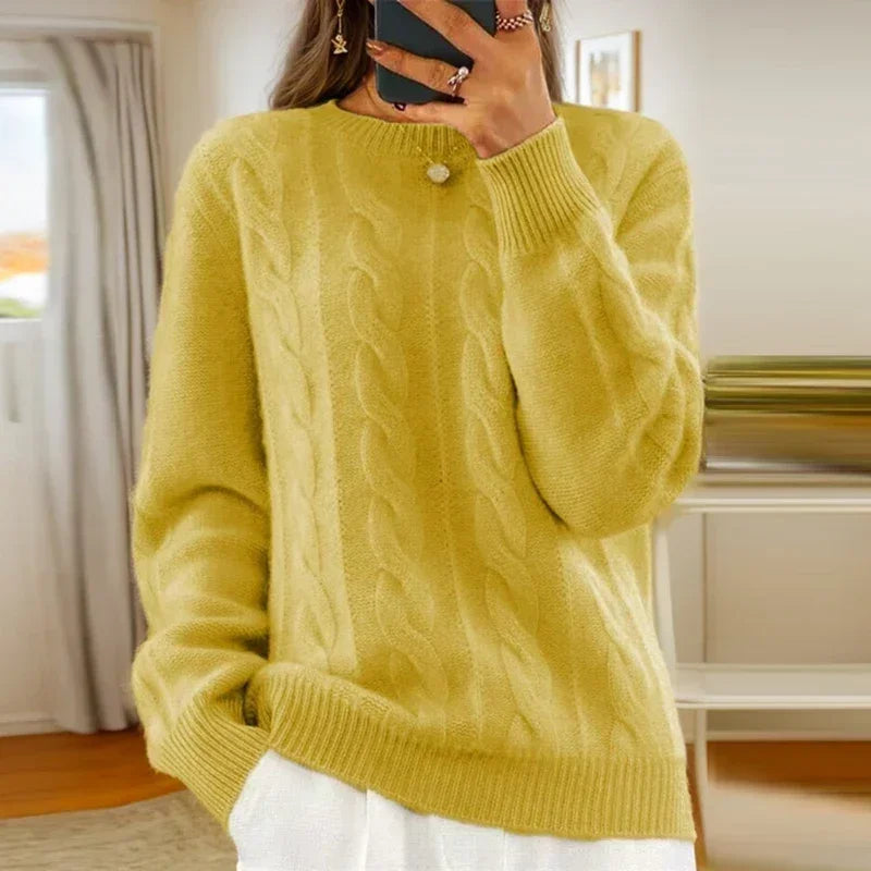 Damski sweter dzianinowy w warkoczowy wzór z okrągłym dekoltem