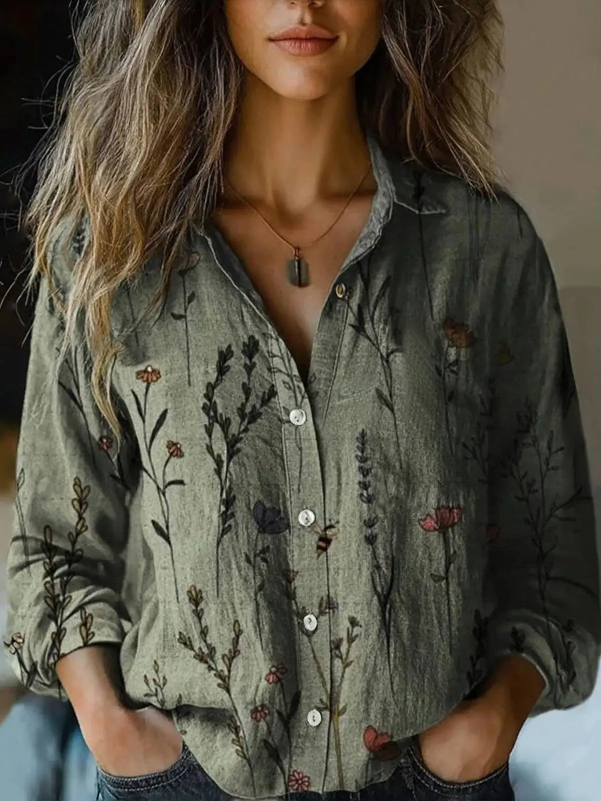 Blouse femme à fleurs, manches longues et boutons
