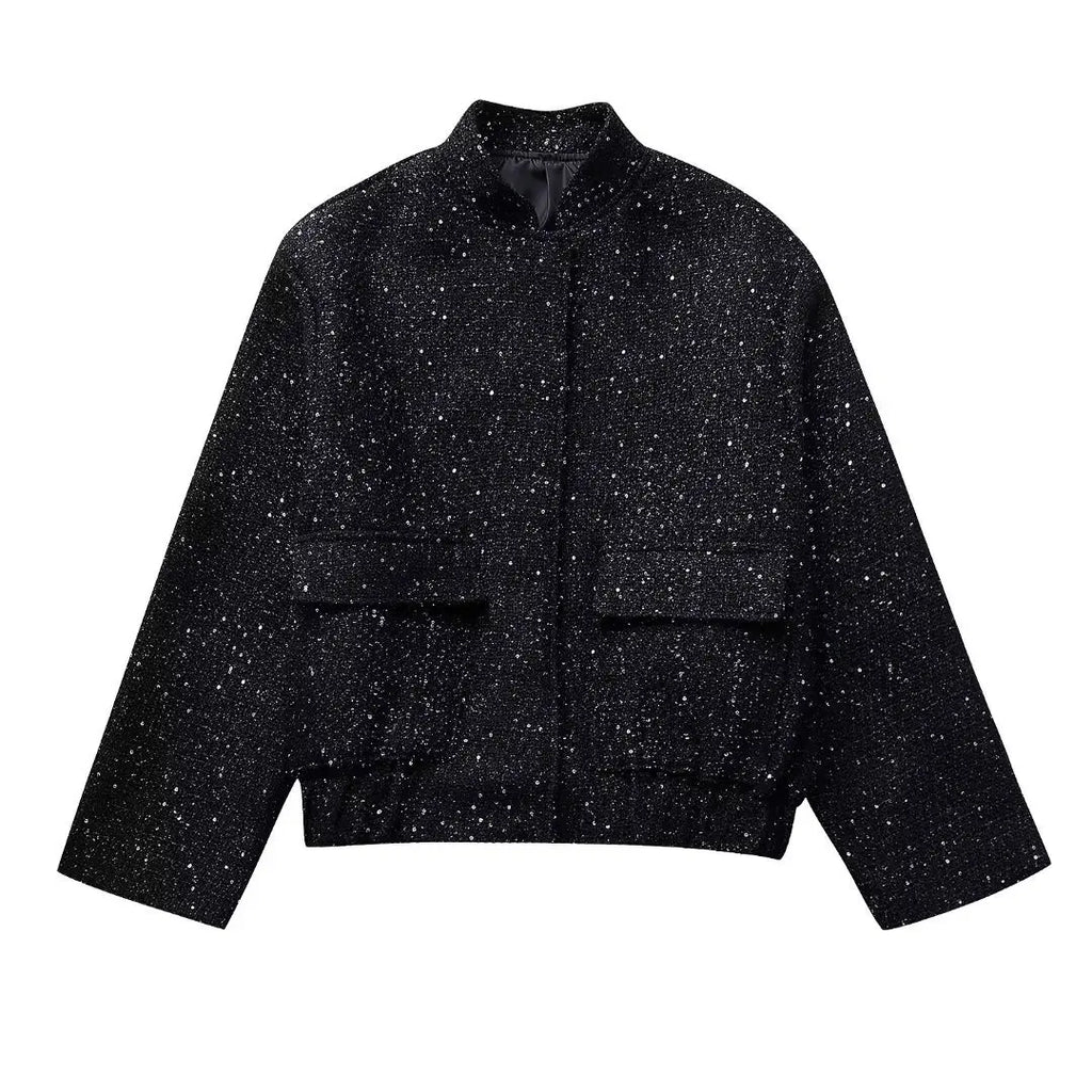 Chaqueta corta texturizada de mujer con cuello mao y bolsillos