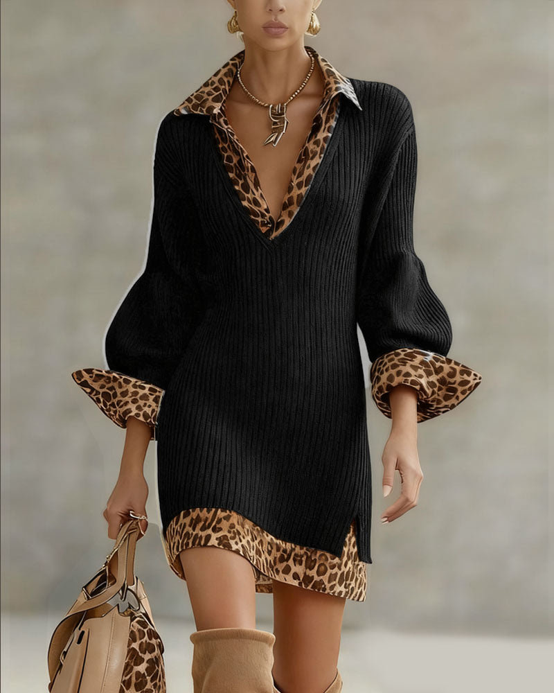 Rochie de damă mini tricotată cu guler animal print