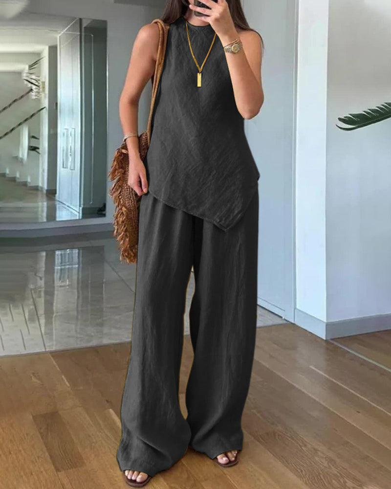 Ensemble femme top sans manches et pantalon large taille haute