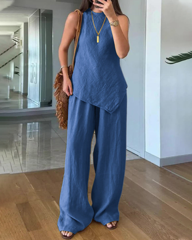Ensemble femme top sans manches et pantalon large taille haute