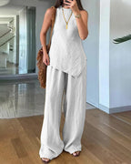 Ensemble femme top sans manches et pantalon large taille haute