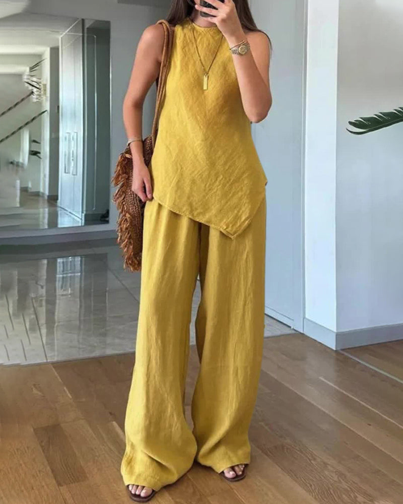 Ensemble femme top sans manches et pantalon large taille haute