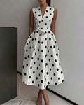 Vestito midi a pois donna con cintura e plissé