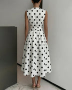 Vestito midi a pois donna con cintura e plissé