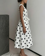 Vestito midi a pois donna con cintura e plissé