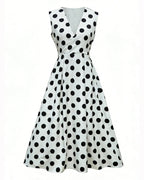 Vestito midi a pois donna con cintura e plissé