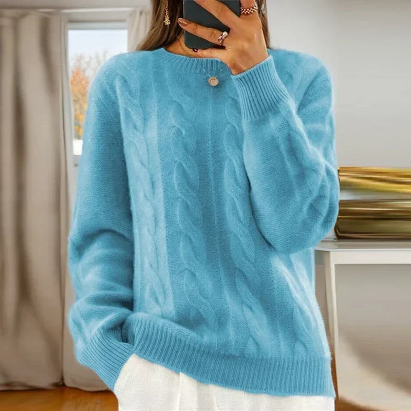 Damski sweter dzianinowy w warkoczowy wzór z okrągłym dekoltem