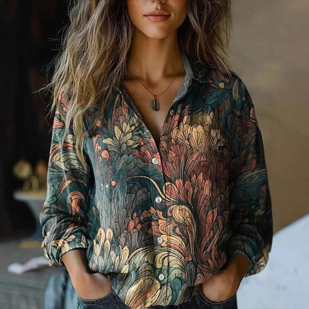 Women's Floral Blouse With Long Sleeves and Buttons