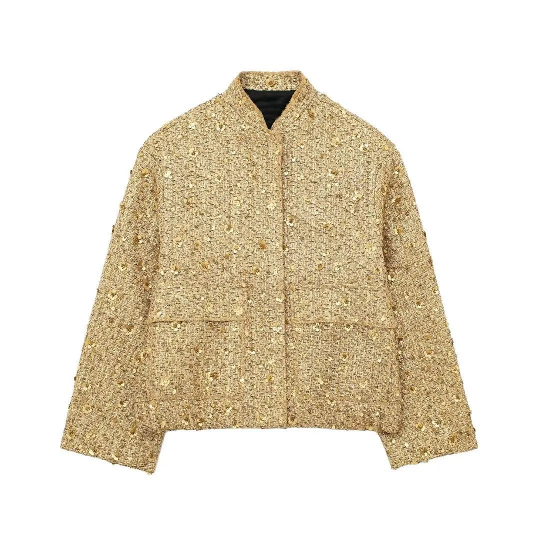 Chaqueta corta texturizada de mujer con cuello mao y bolsillos