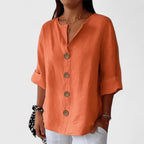 Blusa de mulher com botões, decote em V e manga 3/4