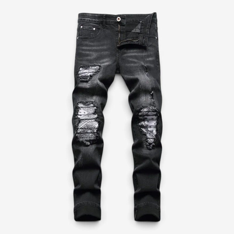Férfi slim fit farmer kopott részekkel és felvarrókkal