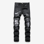 Férfi slim fit farmer kopott részekkel és felvarrókkal