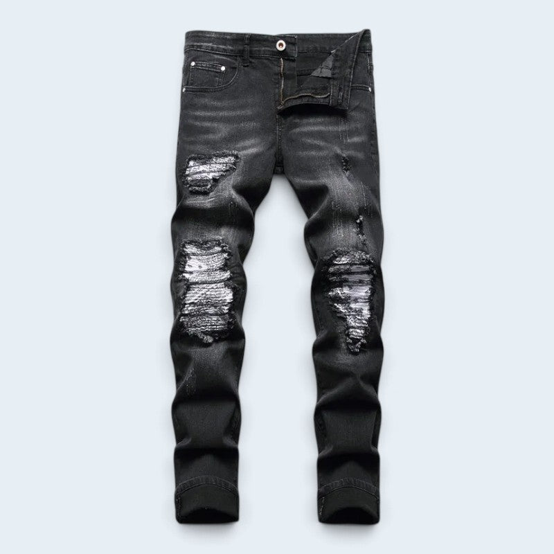 Férfi slim fit farmer kopott részekkel és felvarrókkal