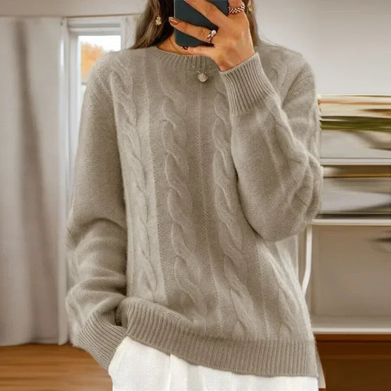 Damski sweter dzianinowy w warkoczowy wzór z okrągłym dekoltem