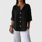 Blusa de mulher com botões, decote em V e manga 3/4