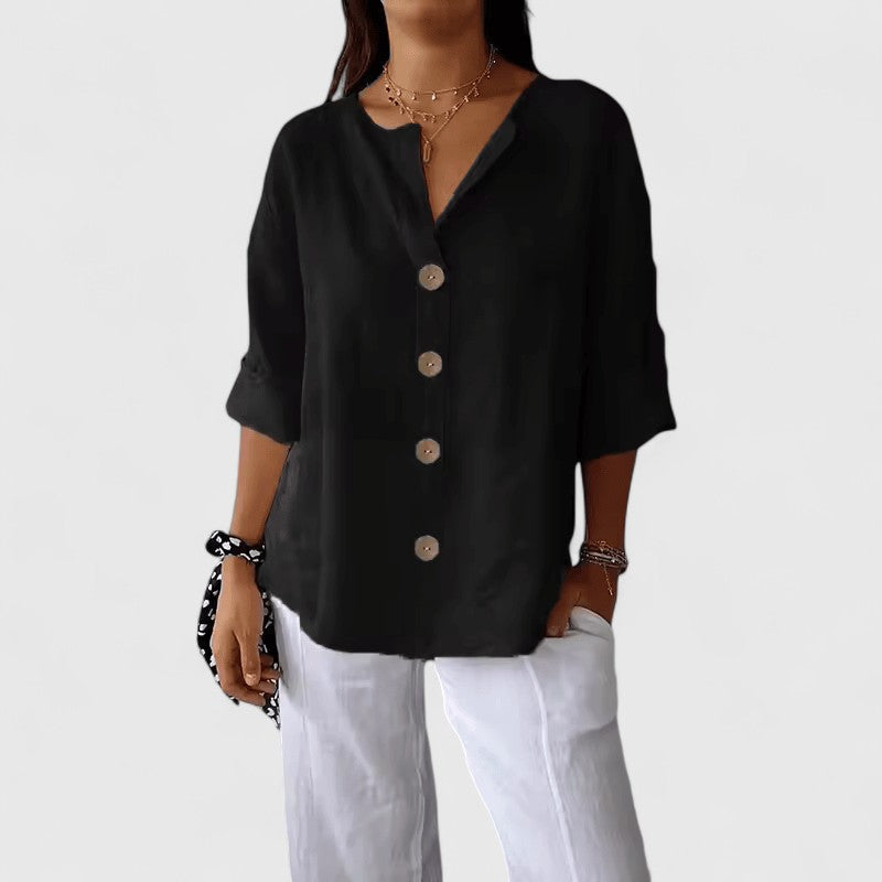 Blusa de mulher com botões, decote em V e manga 3/4