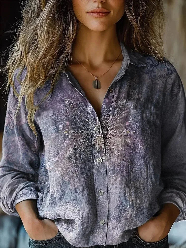 Women's Floral Blouse With Long Sleeves and Buttons