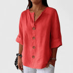 Blusa de mulher com botões, decote em V e manga 3/4