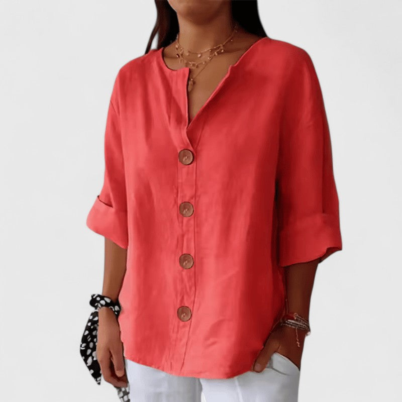 Blusa de mulher com botões, decote em V e manga 3/4