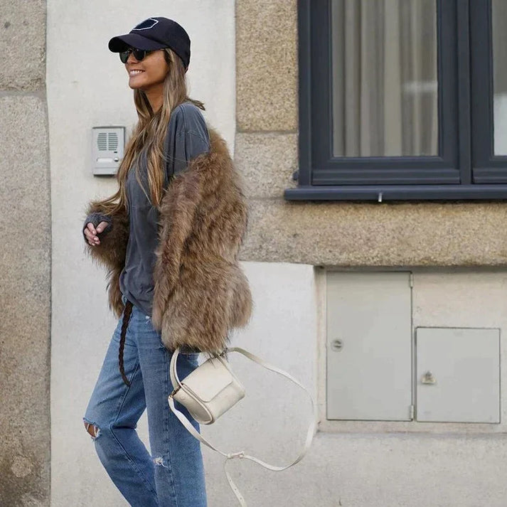 Giacca donna con finiture in pelliccia, marrone