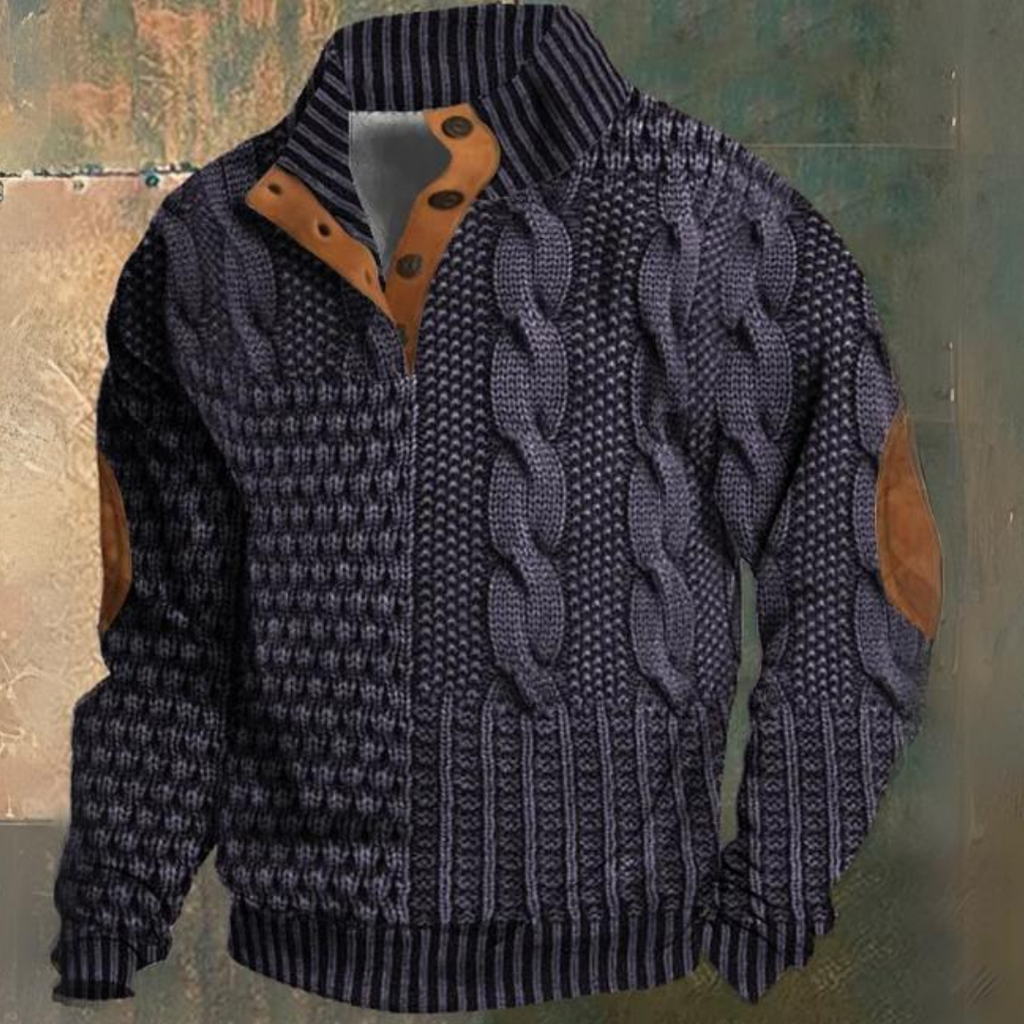 Sweater til mænd med flettemønster og kinakrave med knapper