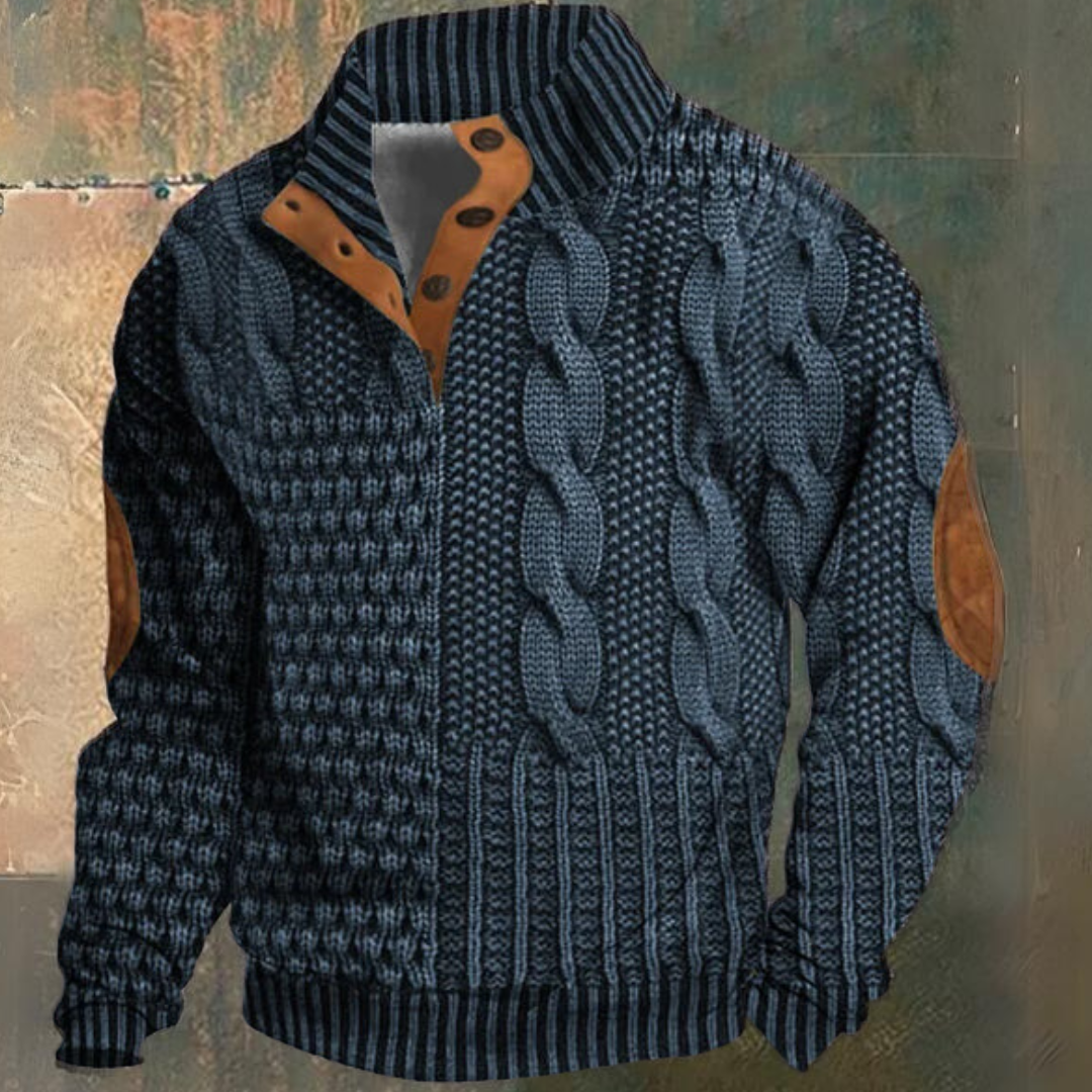 Sweater til mænd med flettemønster og kinakrave med knapper