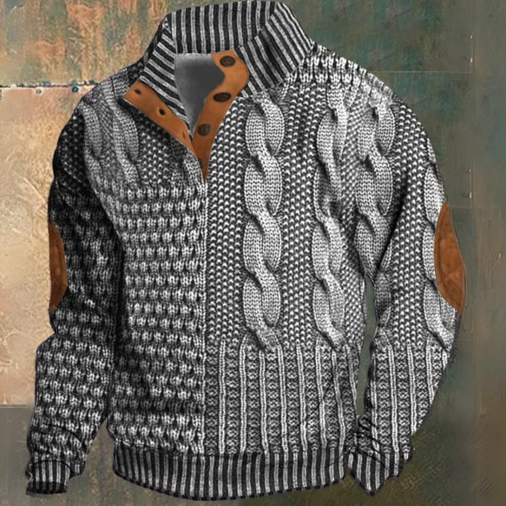 Sweater til mænd med flettemønster og kinakrave med knapper