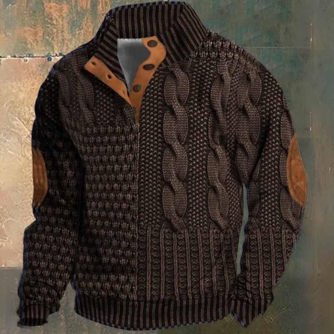 Sweater til mænd med flettemønster og kinakrave med knapper