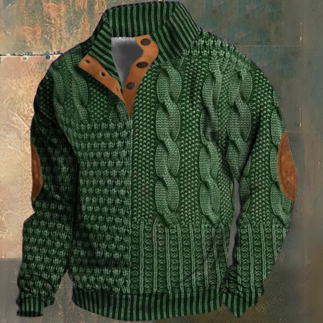 Sweater til mænd med flettemønster og kinakrave med knapper