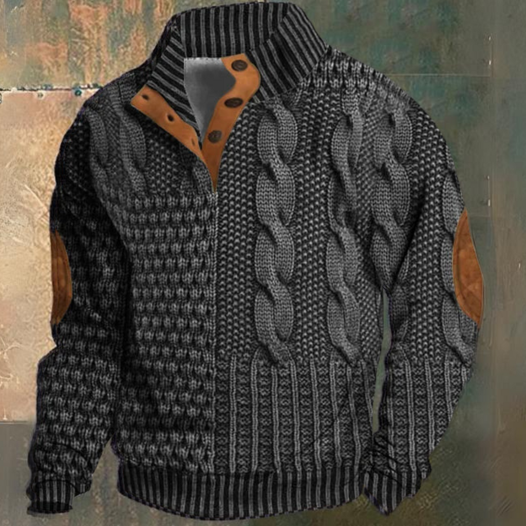 Sweater til mænd med flettemønster og kinakrave med knapper