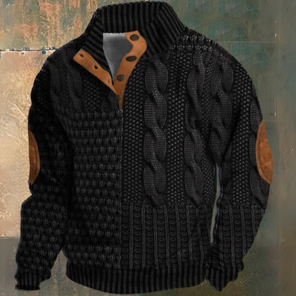 Sweater til mænd med flettemønster og kinakrave med knapper