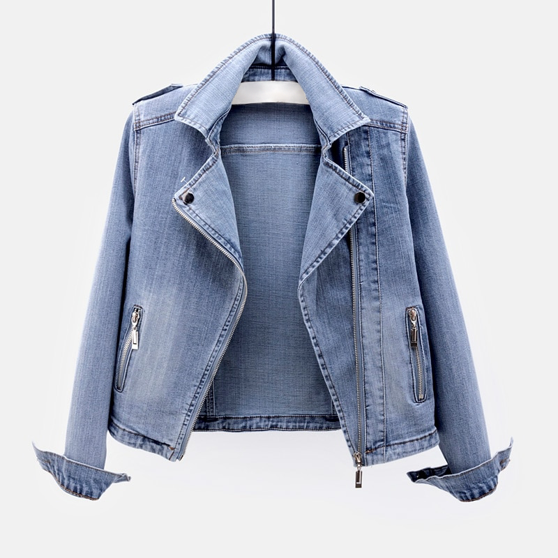 Geacă biker din denim, de damă, cu revere și fermoare