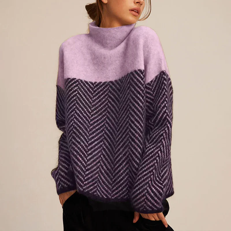 Pull femme col roulé à motif chevrons, manches longues