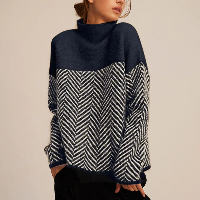Pull femme col roulé à motif chevrons, manches longues