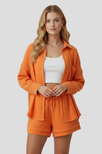 Completo due pezzi donna con camicia oversize e shorts in mussola