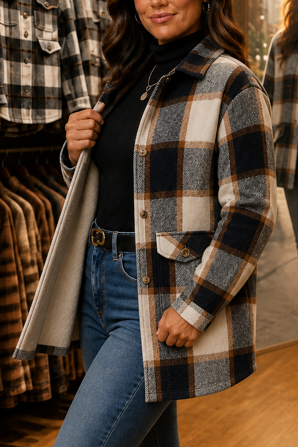 Casaco camisa de mulher aos quadrados, corte folgado, com bolsos