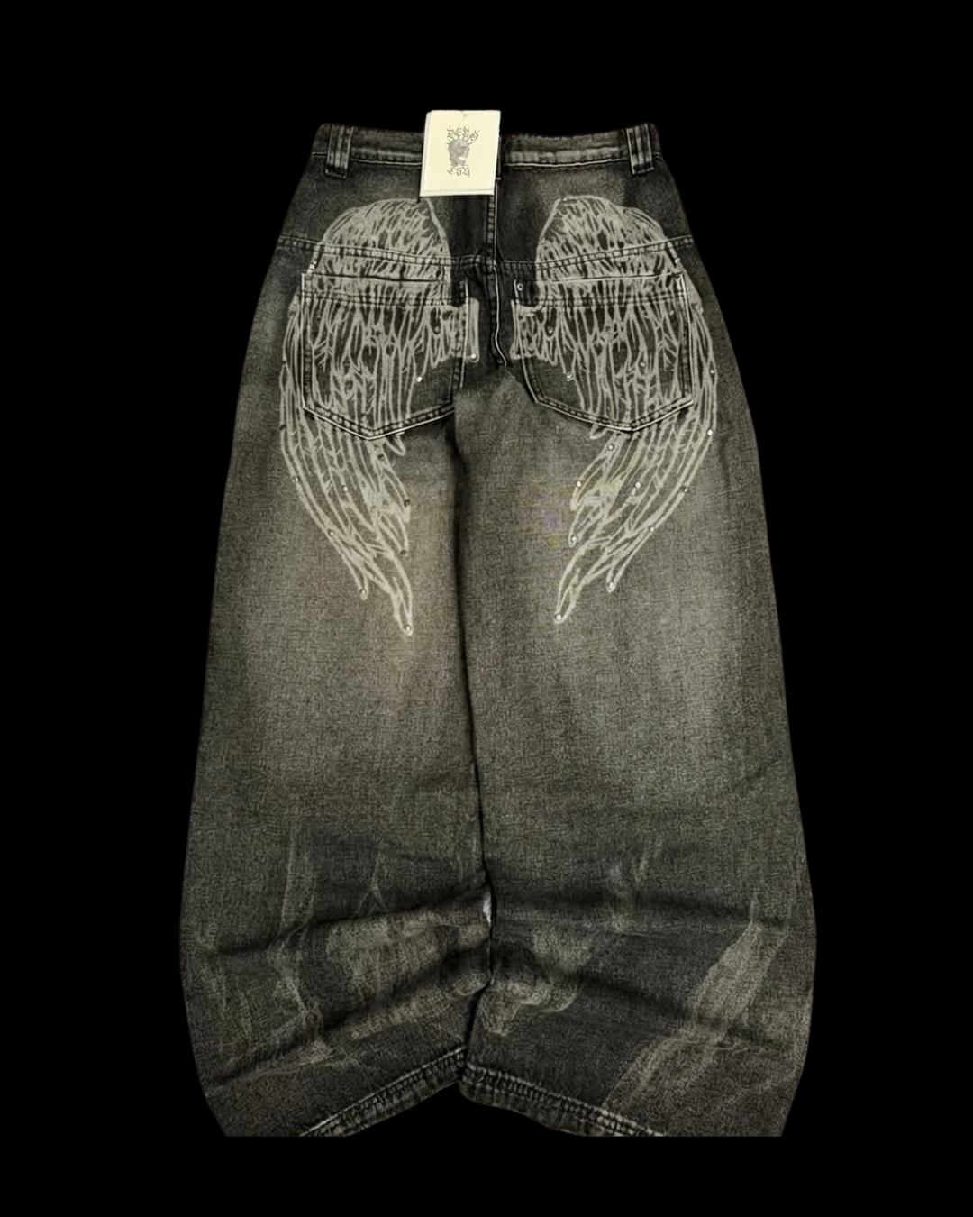 Unisex jeans med brede ben og vingegrafik i mørkegrå