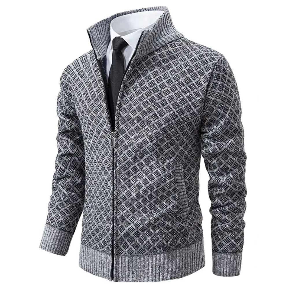 Maglione uomo con motivo geometrico, collo a listino e zip