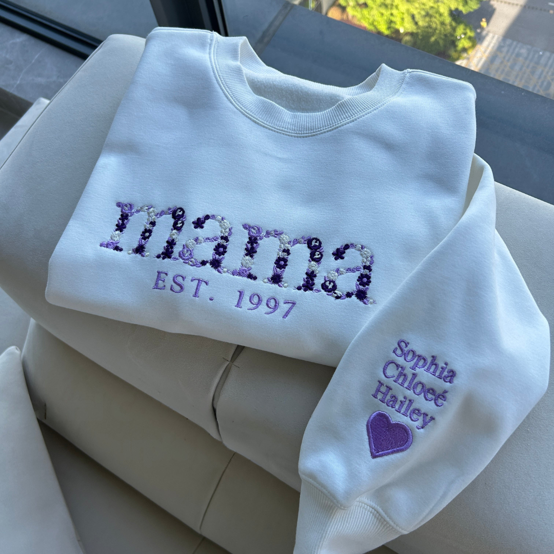 Beżowa bluza z haftowanym napisem Mama i imieniem dziecka na rękawie