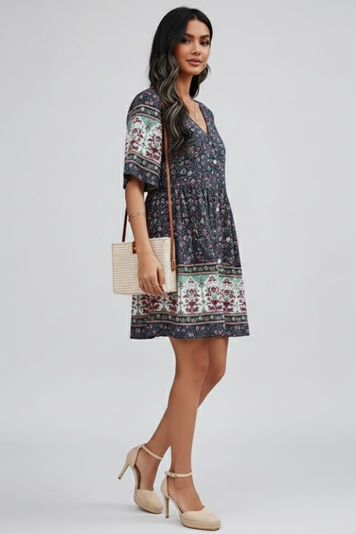 Vestito mini donna con scollo a V e bottoni sul davanti